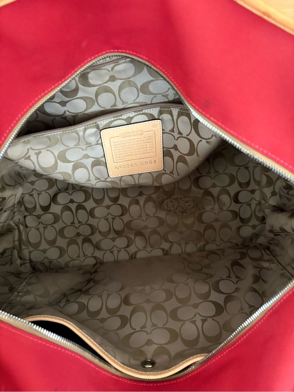 COACH Red Canvas Duffel with Tan Leather Trim - Picture 7 of 13